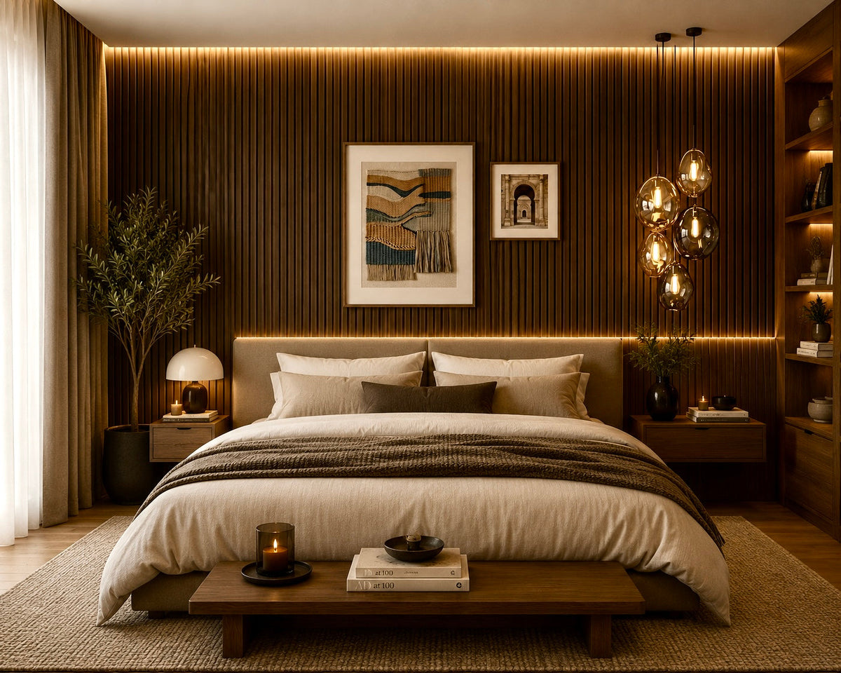 Walnut acoustic wall panel, 240x60cm, shown as a finished feature wall
