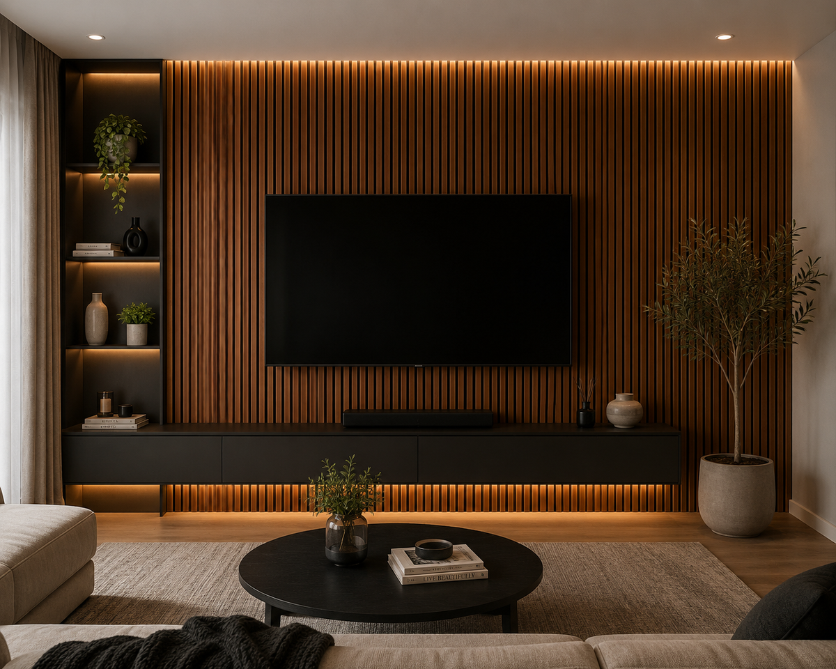 Teak oak wood slat wall panel with black acoustic felt backing