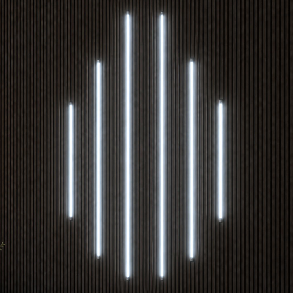 White Wall Panel LED Lighting 60cm/90cm/150cm (6 Strips) - LED strips lit vertically on a dark slat wall panel