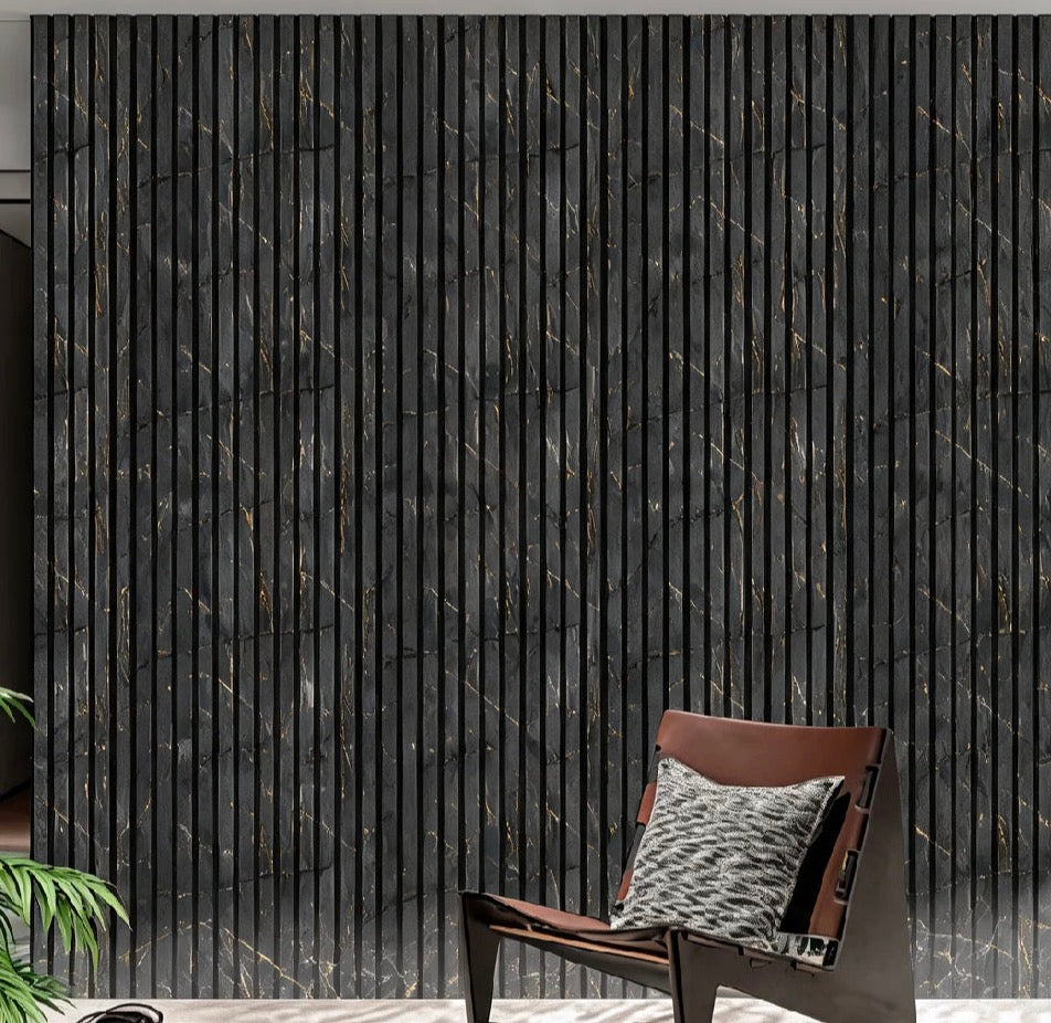 Acoustic Wall Panel 280x60cm - Gold and Black Marble — slatted acoustic wall panel, wood-effect slats on felt backing