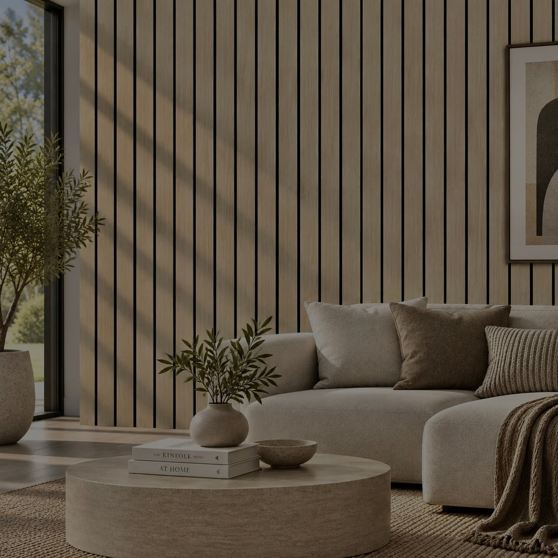 Dark Oak wide slat acoustic wall panel 240x60cm with 5cm slats on black felt