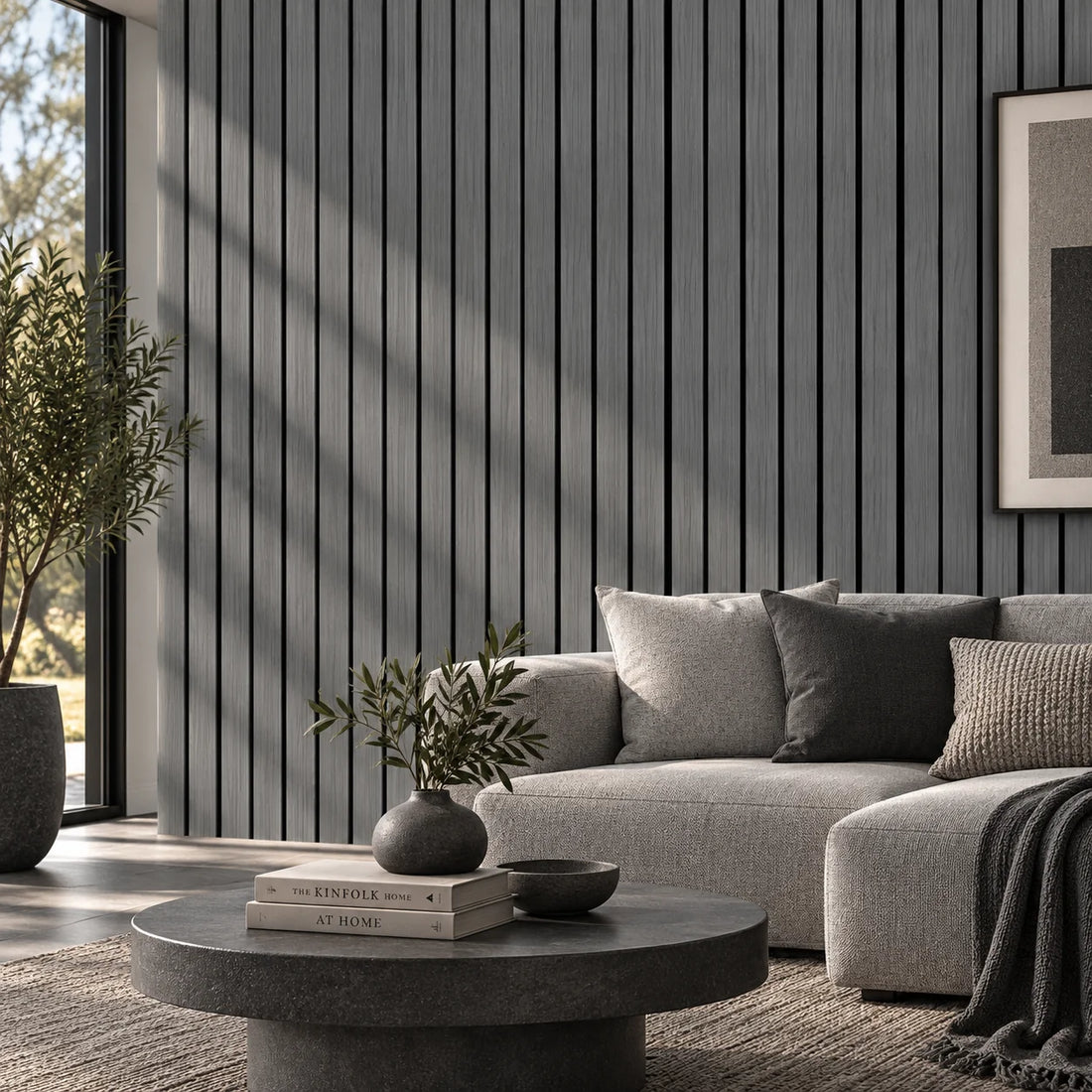 Dark Grey wide slat acoustic wall panel 240x60cm with 5cm slats on black felt