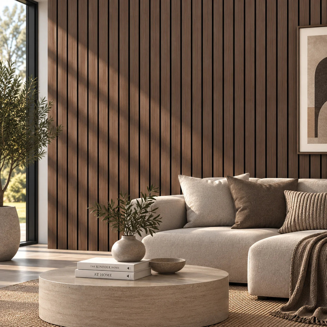 Smoked Oak wide slat acoustic wall panel 240x60cm with 5cm slats on black felt