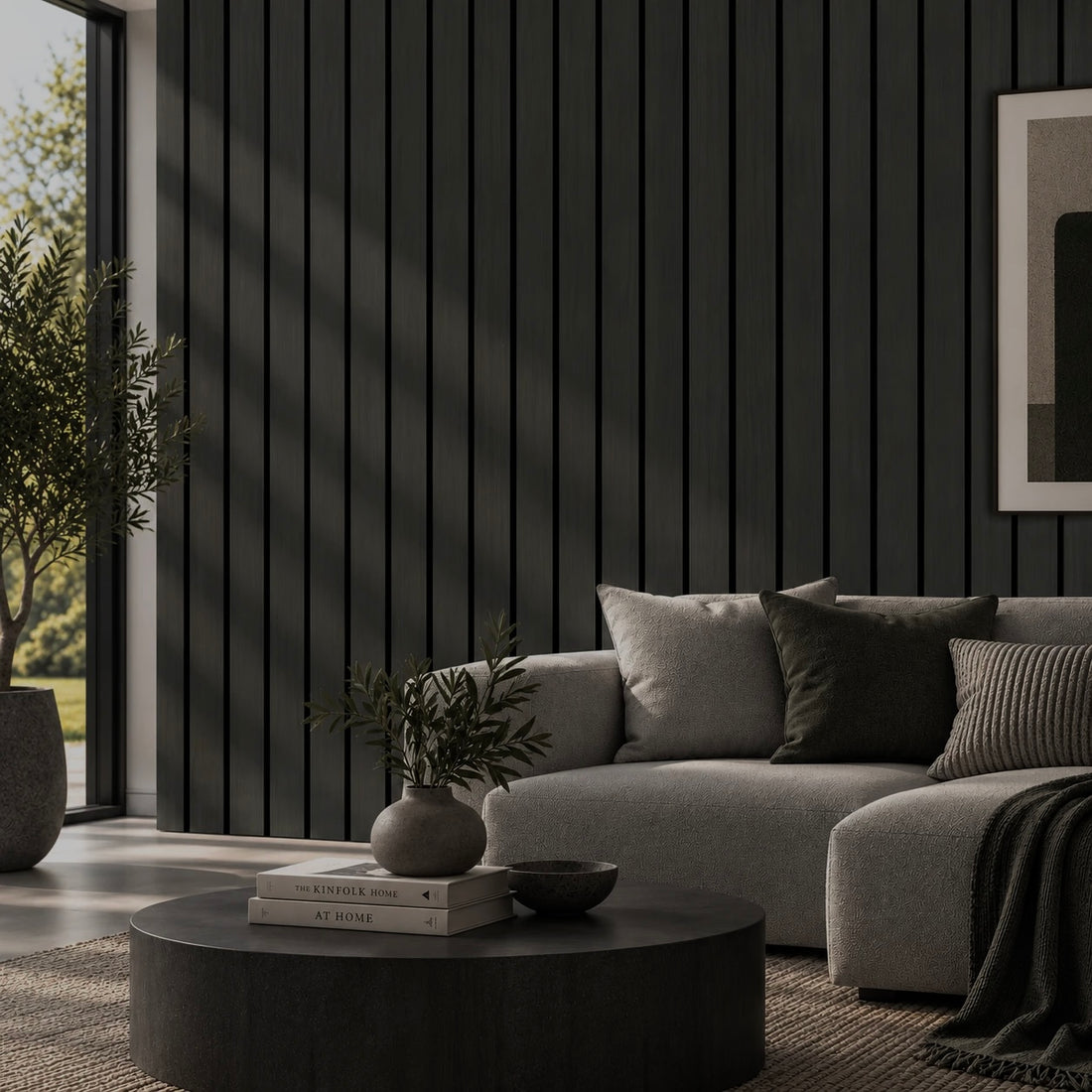 Black wide slat acoustic wall panel 240x60cm with 5cm slats on black felt