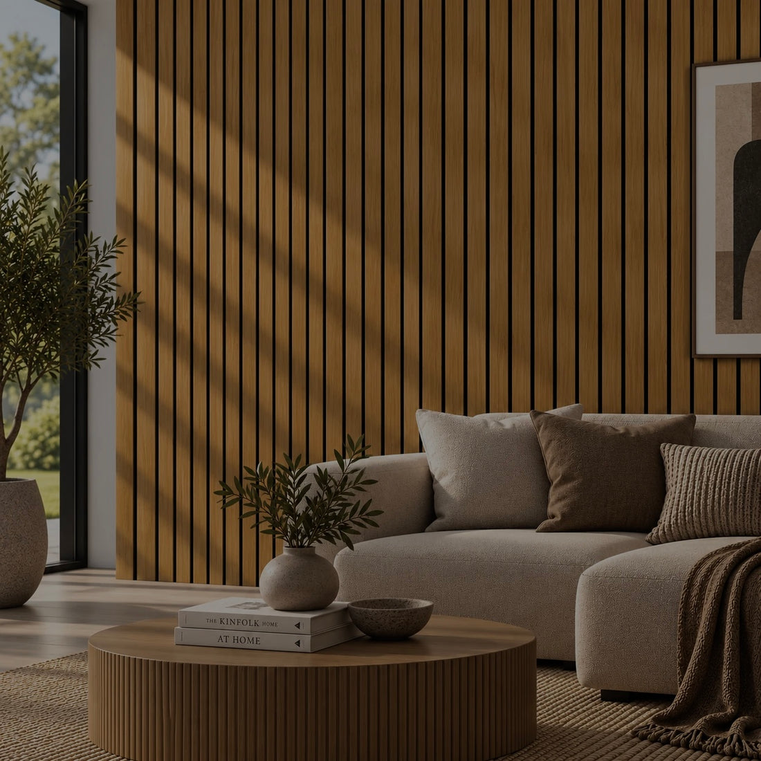Teak Oak wide slat acoustic wall panel 240x60cm with 5cm slats on black felt
