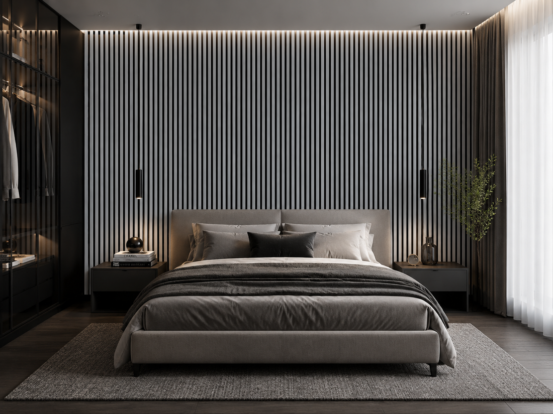 Acoustic Wall Panel 240x60cm - Metallic Light Grey — slatted acoustic wall panel, wood-effect slats on felt backing
