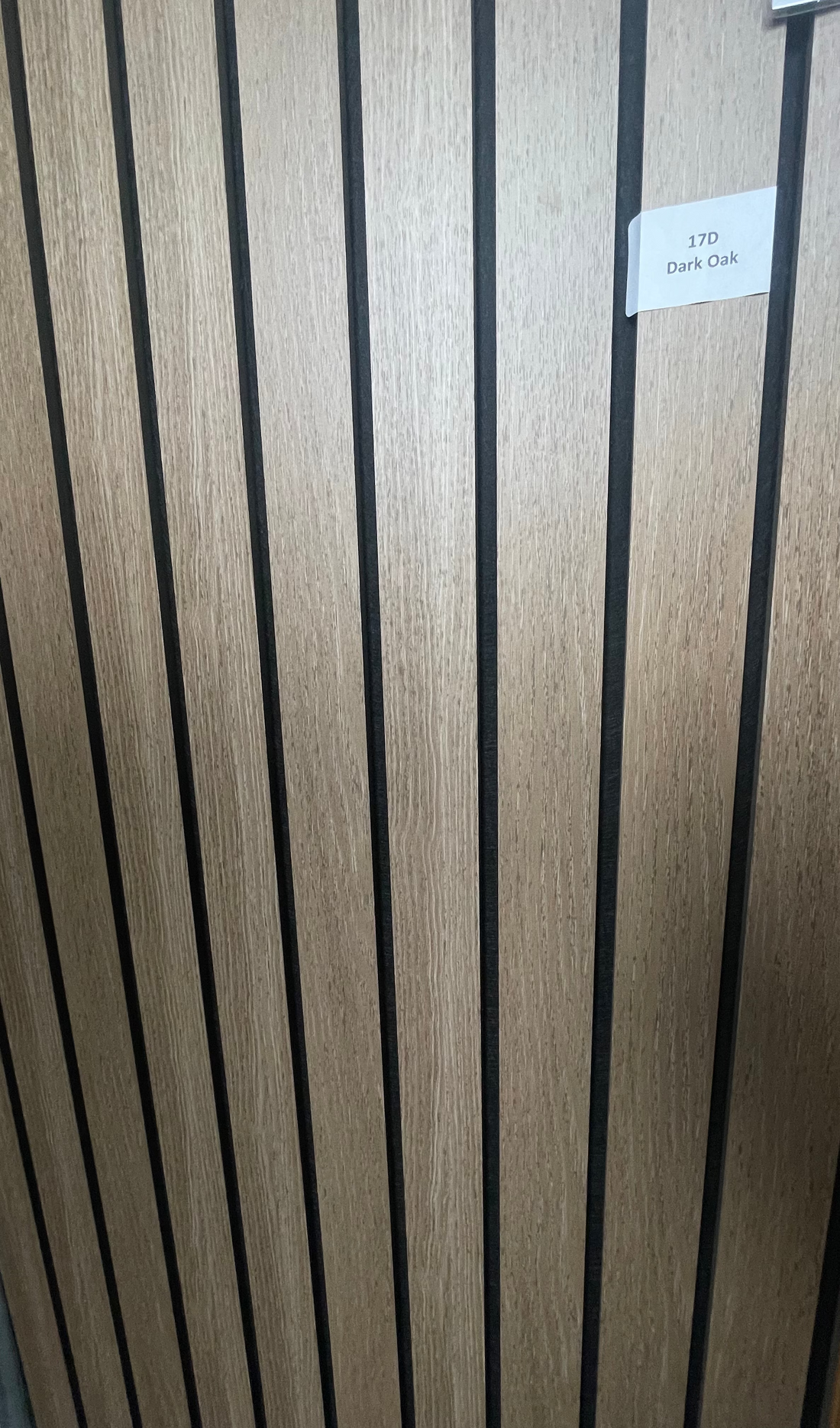 Dark Oak wide slat acoustic wall panel 240x60cm with 5cm slats on black felt