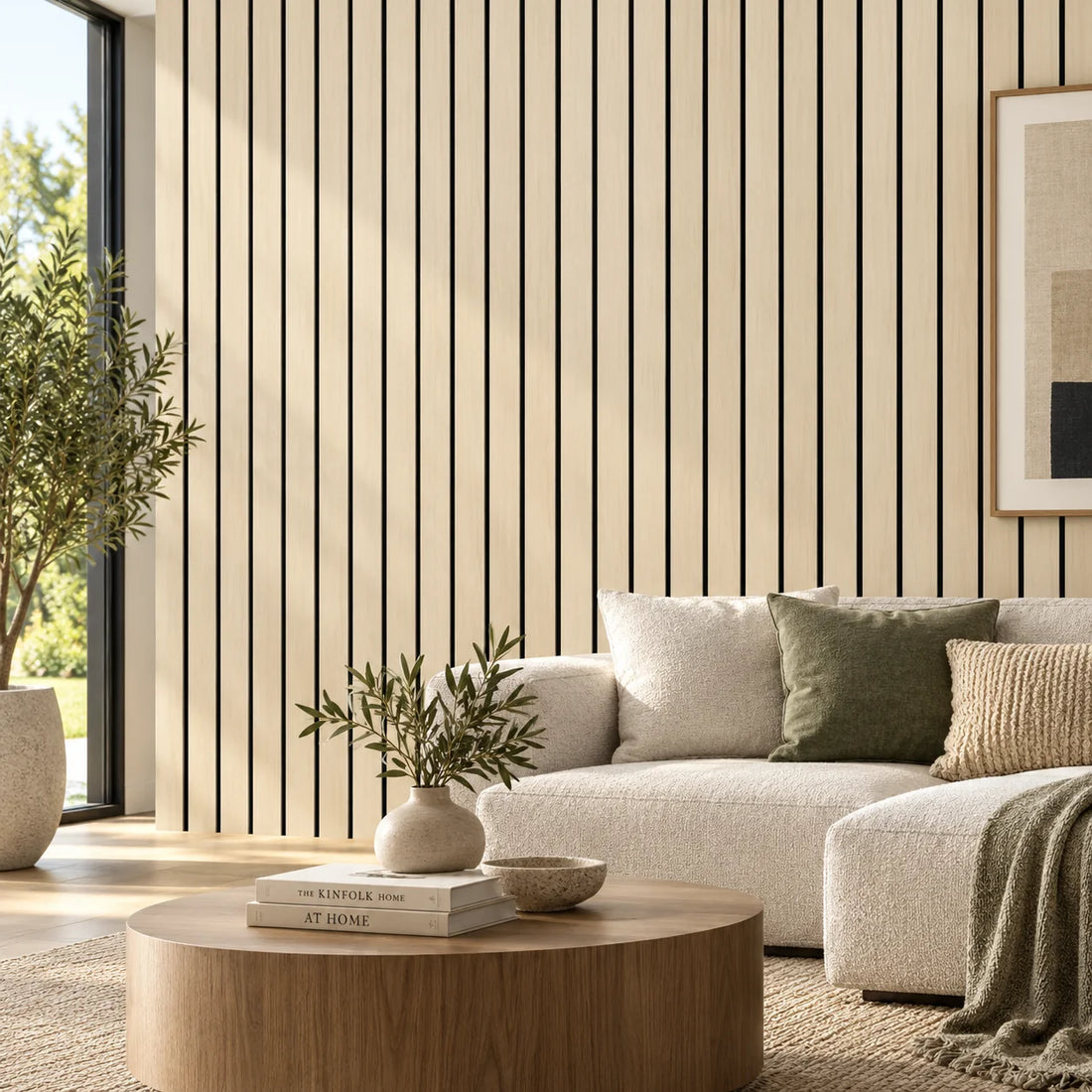 Oak wide slat acoustic wall panel 240x60cm with 5cm slats on black felt
