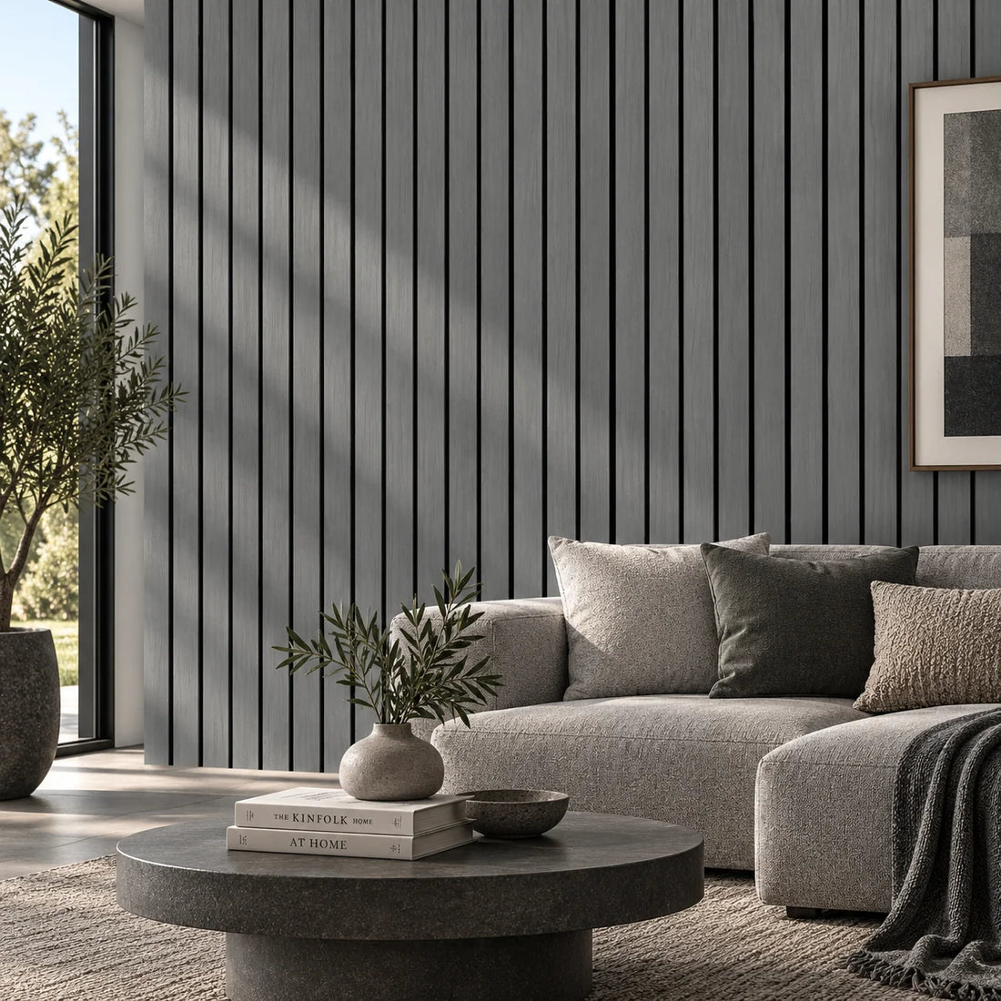 Light Grey wide slat acoustic wall panel 240x60cm with 5cm slats on black felt