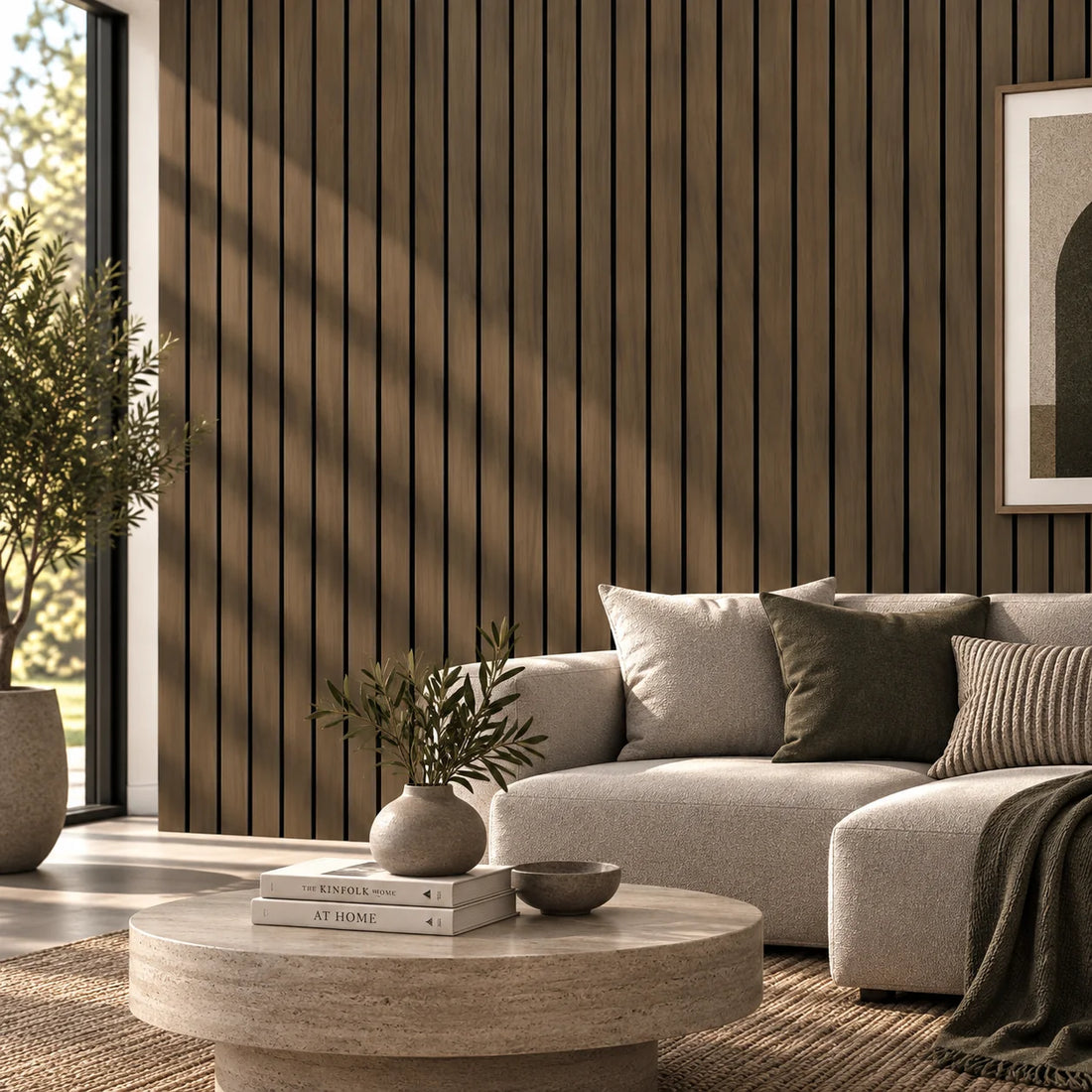 Walnut wide slat acoustic wall panel 240x60cm with 5cm slats on black felt