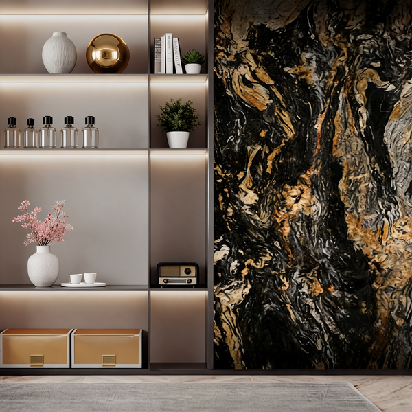 Wall Panel - Gold and Black Marble - Wall Board - 240cm